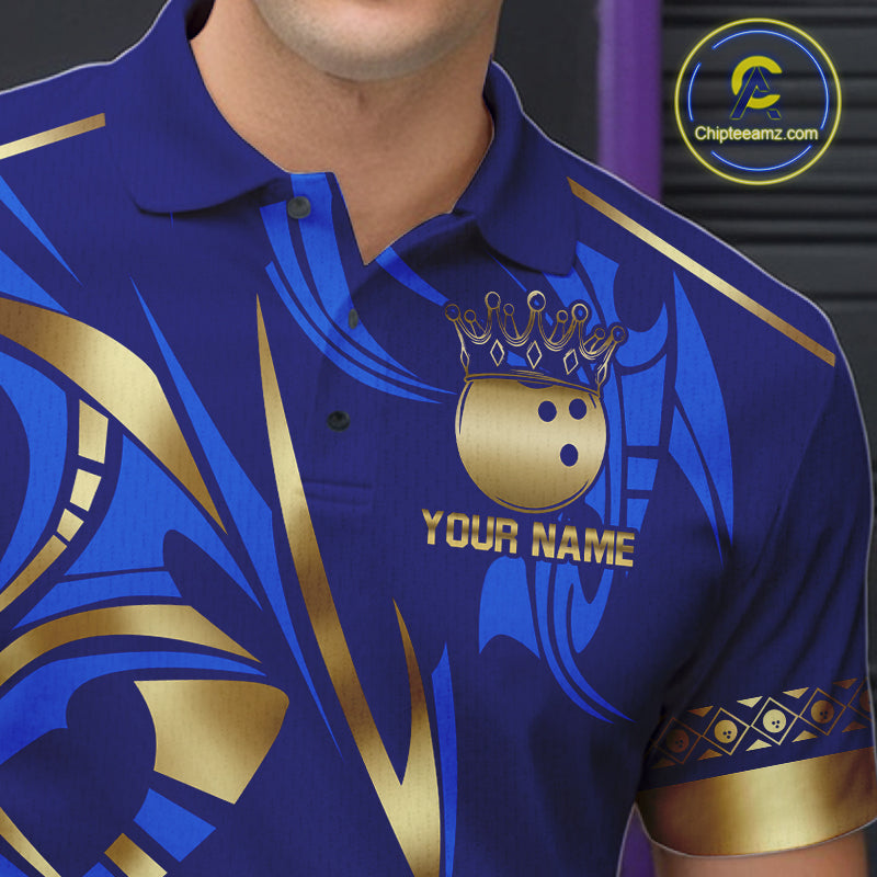 Blue And Gold Custom Crown Bowling Ball Polo & Quarter Zip Shirts, Bowling Team Jersey
