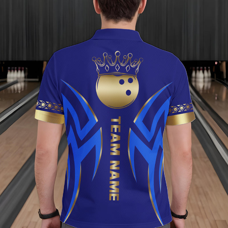 Blue And Gold Custom Crown Bowling Ball Polo & Quarter Zip Shirts, Bowling Team Jersey