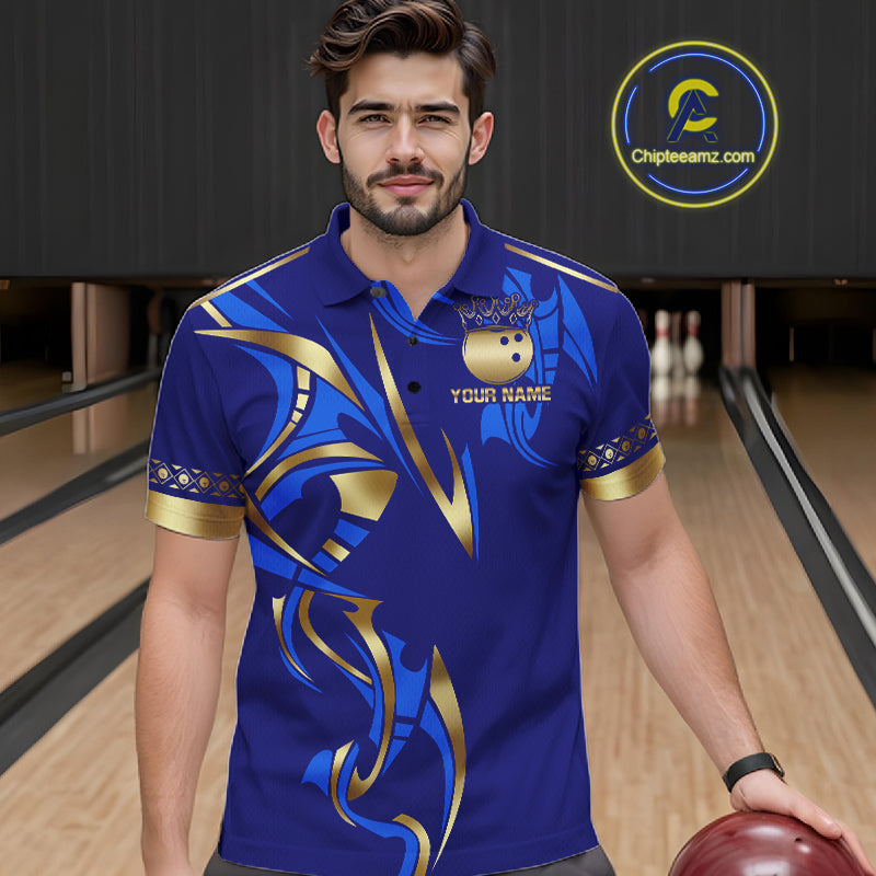 Blue And Gold Custom Crown Bowling Ball Polo & Quarter Zip Shirts, Bowling Team Jersey