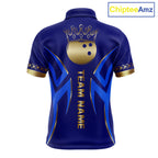 Blue And Gold Custom Crown Bowling Ball Polo & Quarter Zip Shirts, Bowling Team Jersey