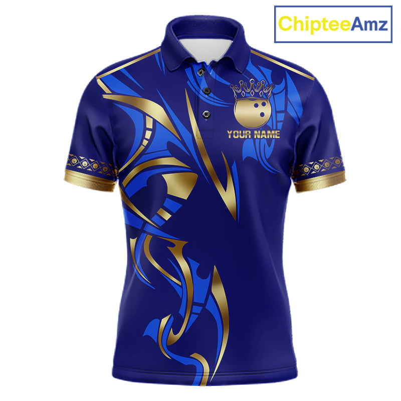 Blue And Gold Custom Crown Bowling Ball Polo & Quarter Zip Shirts, Bowling Team Jersey