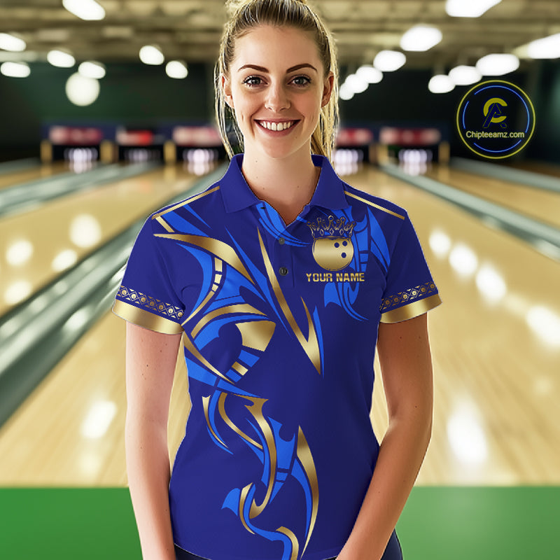Blue And Gold Custom Crown Bowling Ball Polo & Quarter Zip Shirts, Bowling Team Jersey