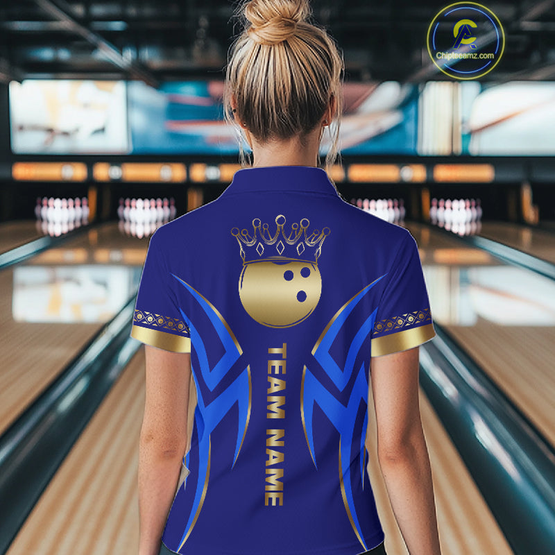 Blue And Gold Custom Crown Bowling Ball Polo & Quarter Zip Shirts, Bowling Team Jersey