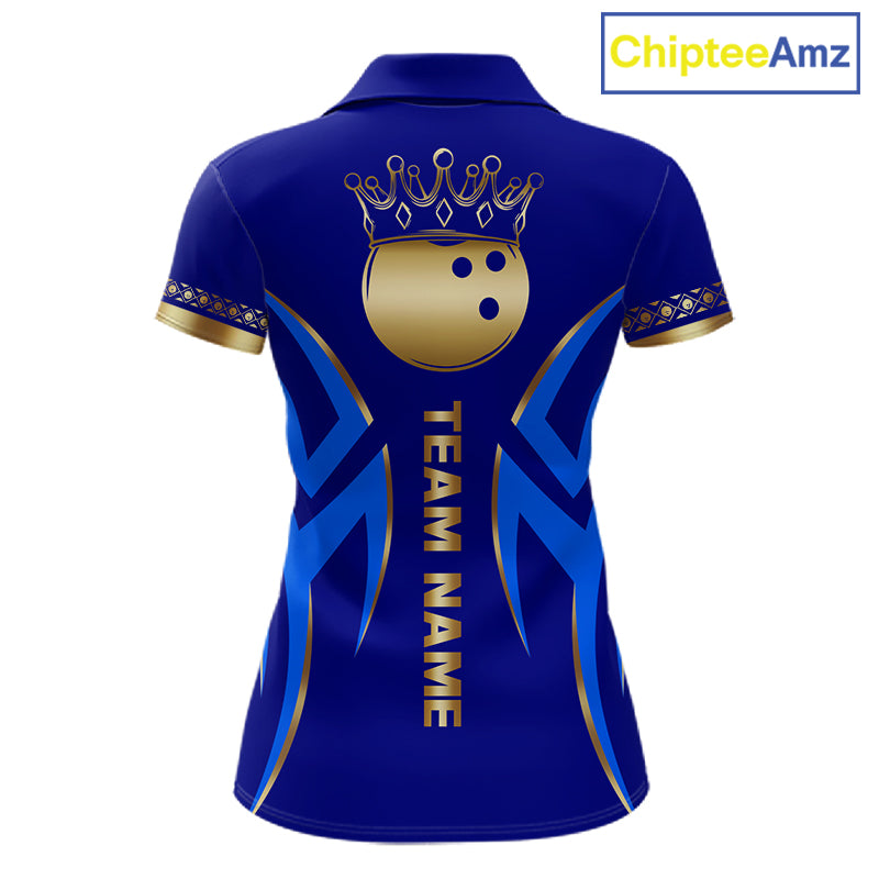 Blue And Gold Custom Crown Bowling Ball Polo & Quarter Zip Shirts, Bowling Team Jersey