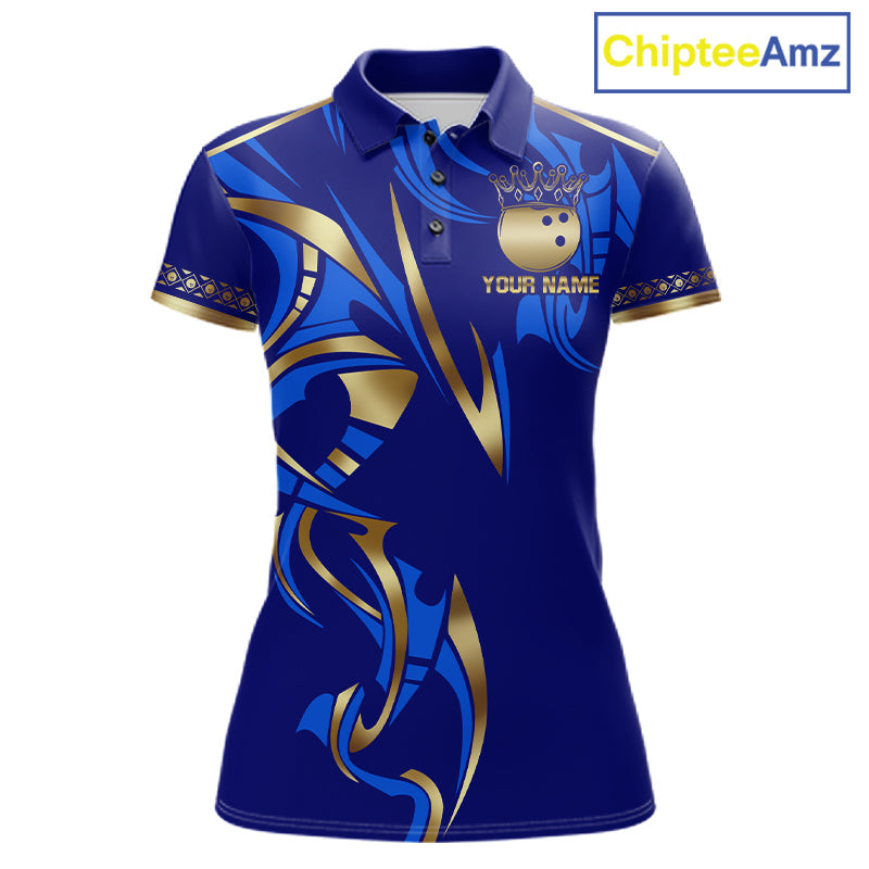Blue And Gold Custom Crown Bowling Ball Polo & Quarter Zip Shirts, Bowling Team Jersey