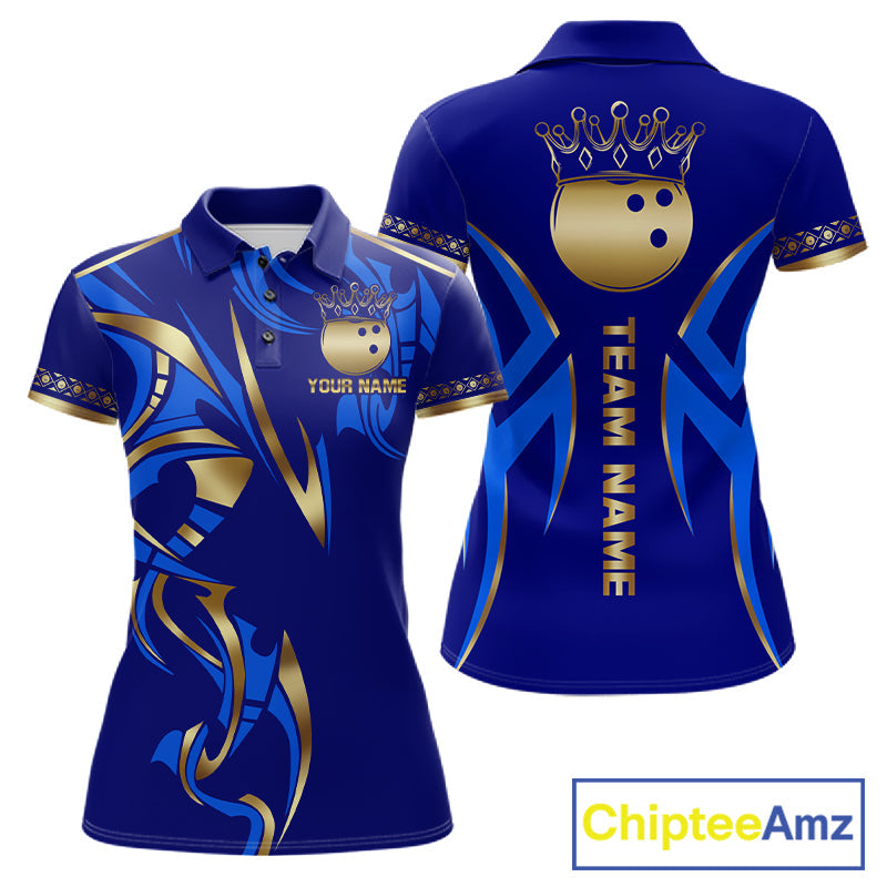 Blue And Gold Custom Crown Bowling Ball Polo & Quarter Zip Shirts, Bowling Team Jersey