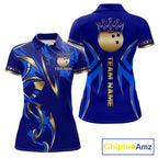 Blue And Gold Custom Crown Bowling Ball Polo & Quarter Zip Shirts, Bowling Team Jersey