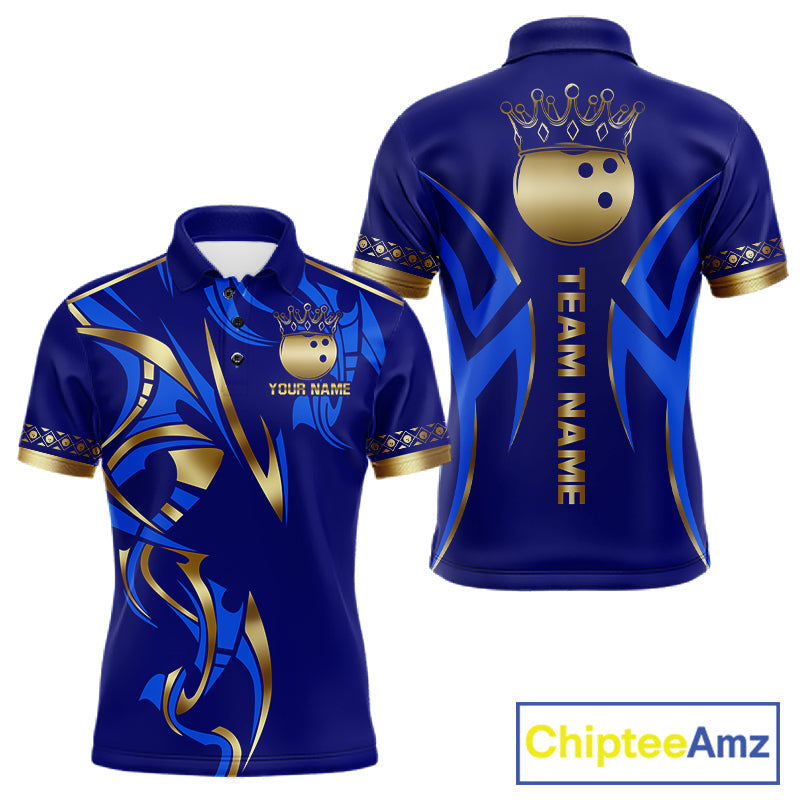 Blue And Gold Custom Crown Bowling Ball Polo & Quarter Zip Shirts, Bowling Team Jersey