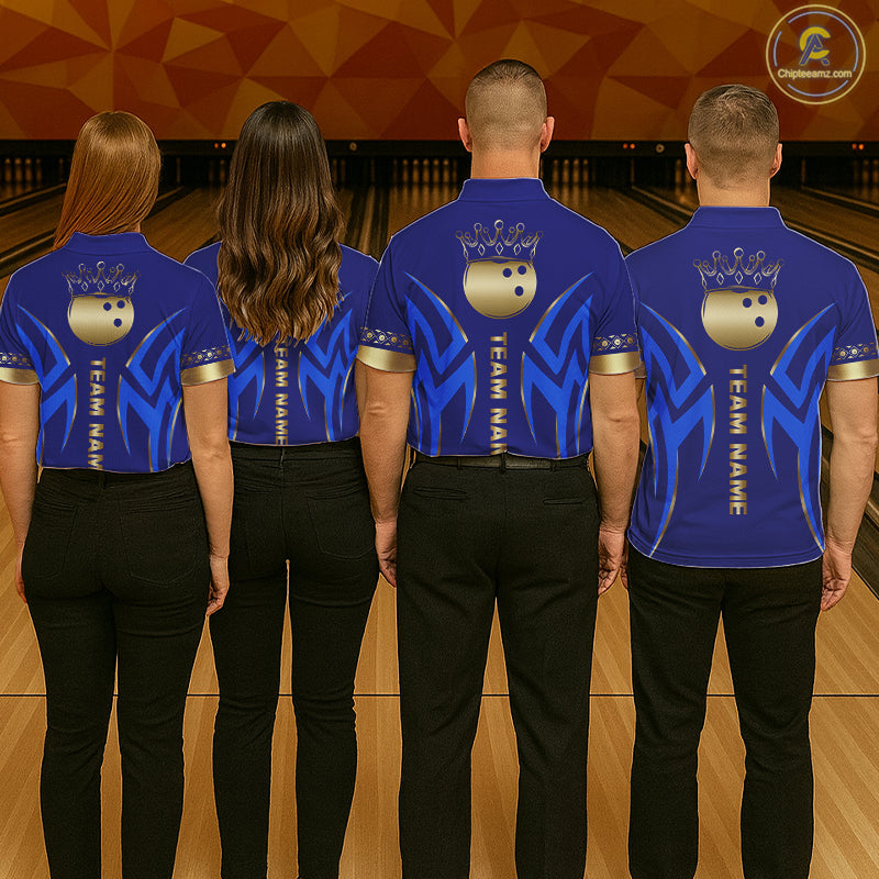 Blue And Gold Custom Crown Bowling Ball Polo & Quarter Zip Shirts, Bowling Team Jersey