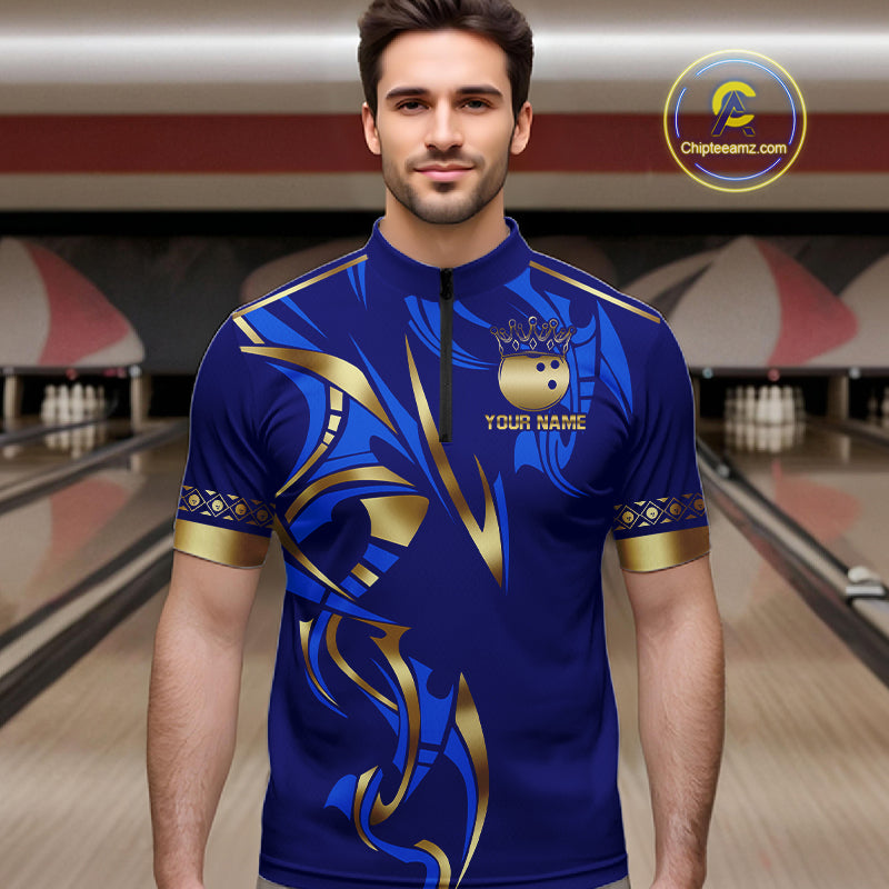 Blue And Gold Custom Crown Bowling Ball Polo & Quarter Zip Shirts, Bowling Team Jersey