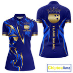 Blue And Gold Custom Crown Bowling Ball Polo & Quarter Zip Shirts, Bowling Team Jersey