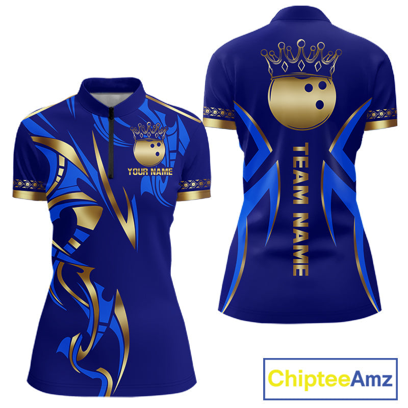 Blue And Gold Custom Crown Bowling Ball Polo & Quarter Zip Shirts, Bowling Team Jersey
