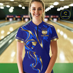 Blue And Gold Custom Crown Bowling Ball Polo & Quarter Zip Shirts, Bowling Team Jersey