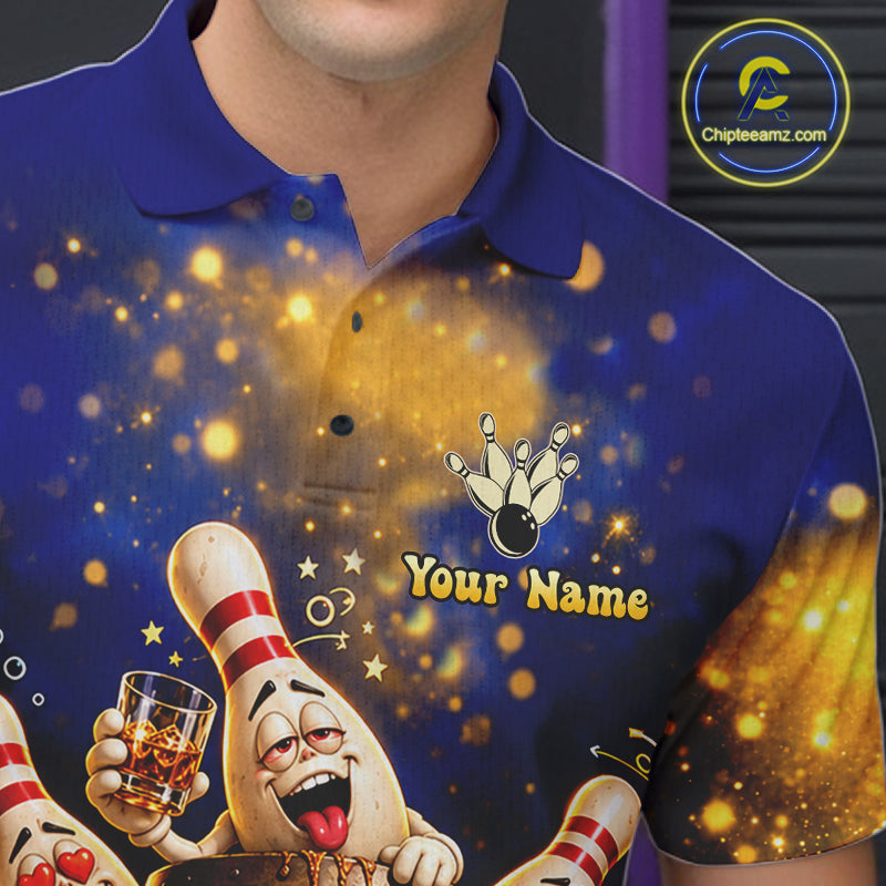 Blue And Gold Funny Bourbon Drunk Bowling Shirts Custom Vintage Bowling Team Jersey