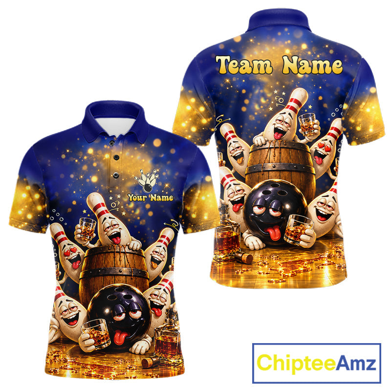 Blue And Gold Funny Bourbon Drunk Bowling Shirts Custom Vintage Bowling Team Jersey