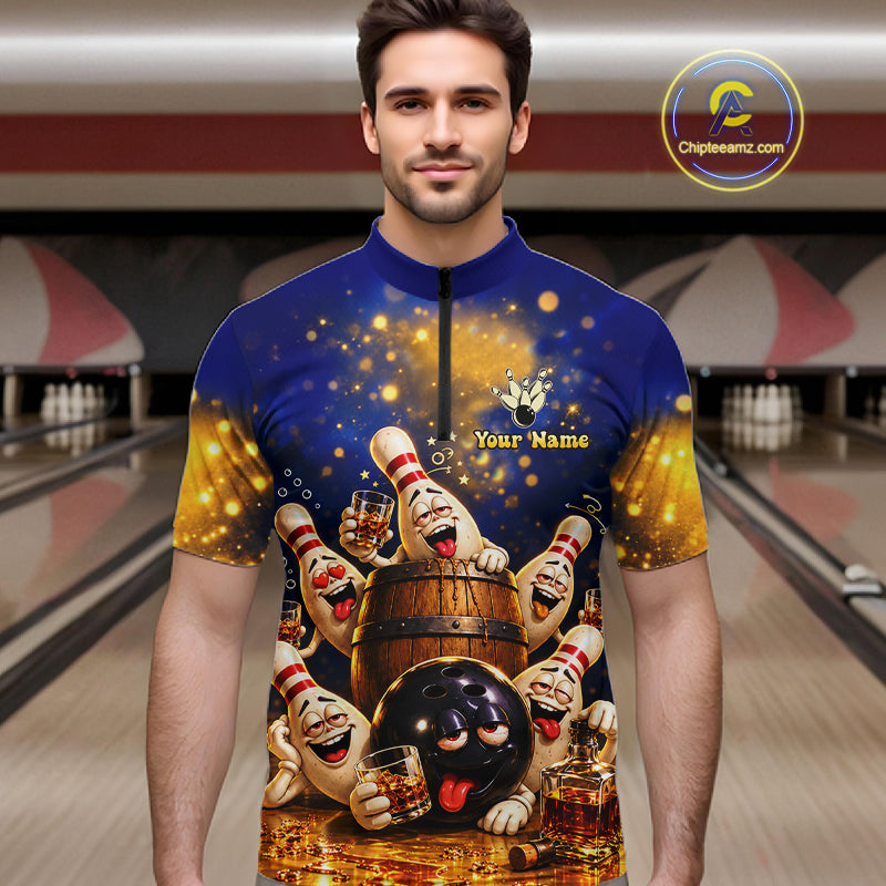 Blue And Gold Funny Bourbon Drunk Bowling Shirts Custom Vintage Bowling Team Jersey