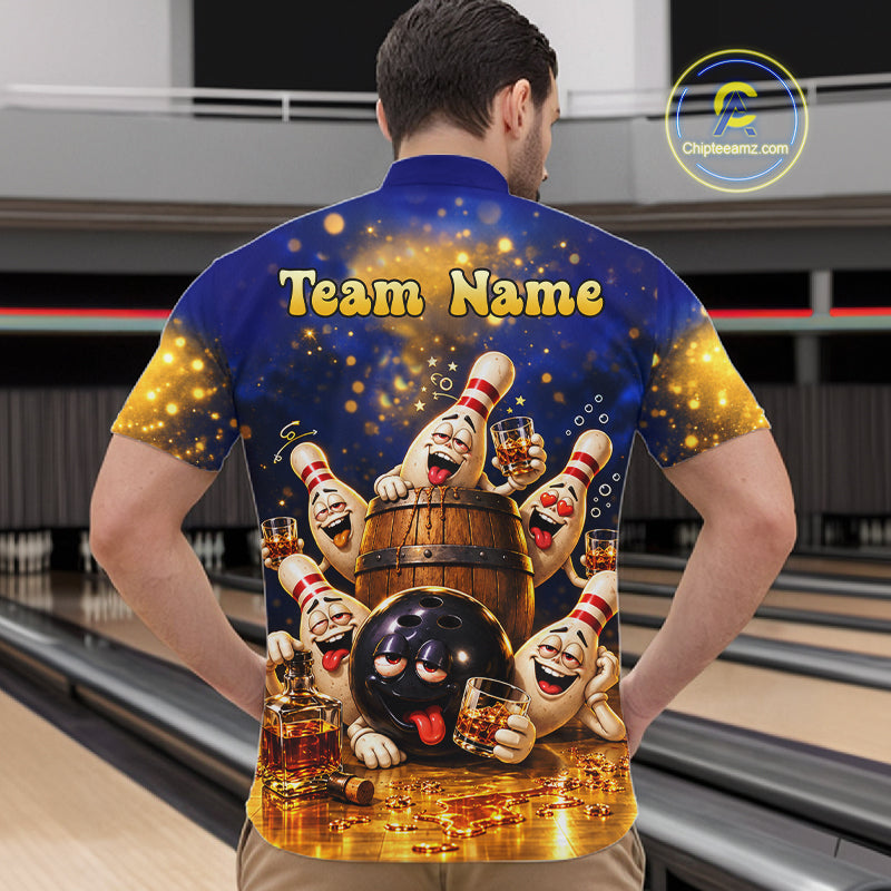Blue And Gold Funny Bourbon Drunk Bowling Shirts Custom Vintage Bowling Team Jersey