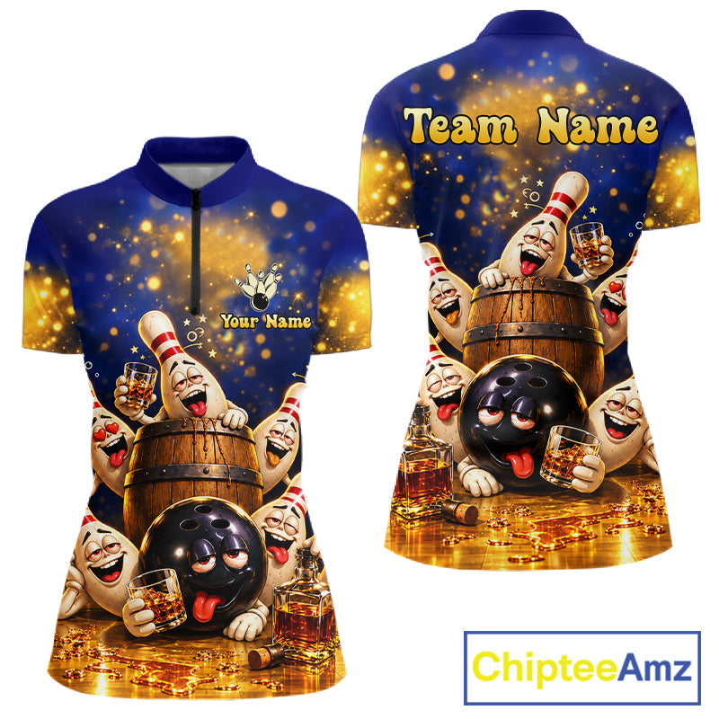 Blue And Gold Funny Bourbon Drunk Bowling Shirts Custom Vintage Bowling Team Jersey