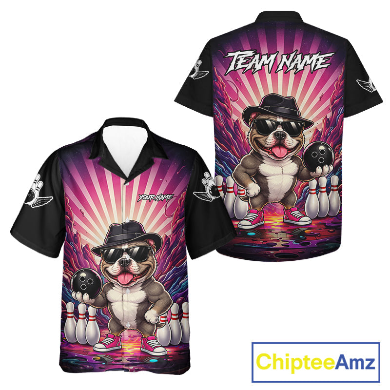 Pink Graffiti Funny American Bully Dog Bowling Hawaiian Shirt Custom Bowling Team Button Up Jersey