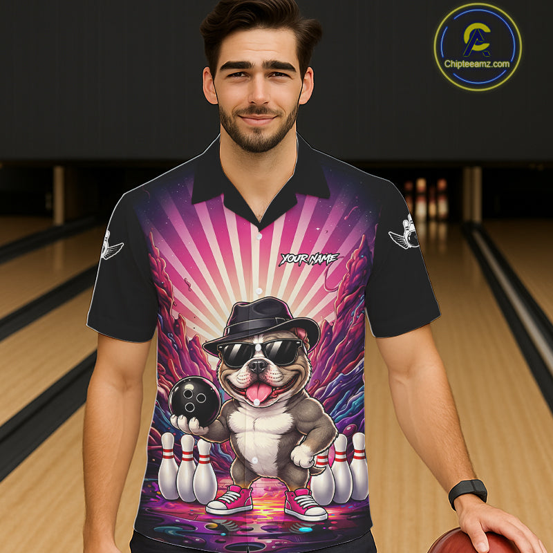 Pink Graffiti Funny American Bully Dog Bowling Hawaiian Shirt Custom Bowling Team Button Up Jersey