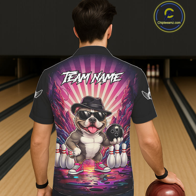 Pink Graffiti Funny American Bully Dog Bowling Hawaiian Shirt Custom Bowling Team Button Up Jersey