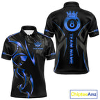 Custom Blue 8 Ball Pool Crown Billiard Shirts, Billiard Team Jersey Polo & 1/4 Zip