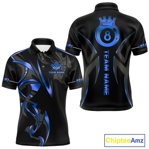 Custom Blue 8 Ball Pool Crown Billiard Shirts, Billiard Team Jersey Polo & 1/4 Zip
