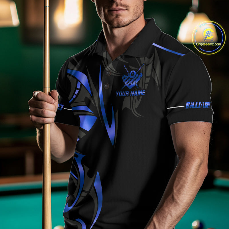 Custom Blue 8 Ball Pool Crown Billiard Shirts, Billiard Team Jersey Polo & 1/4 Zip