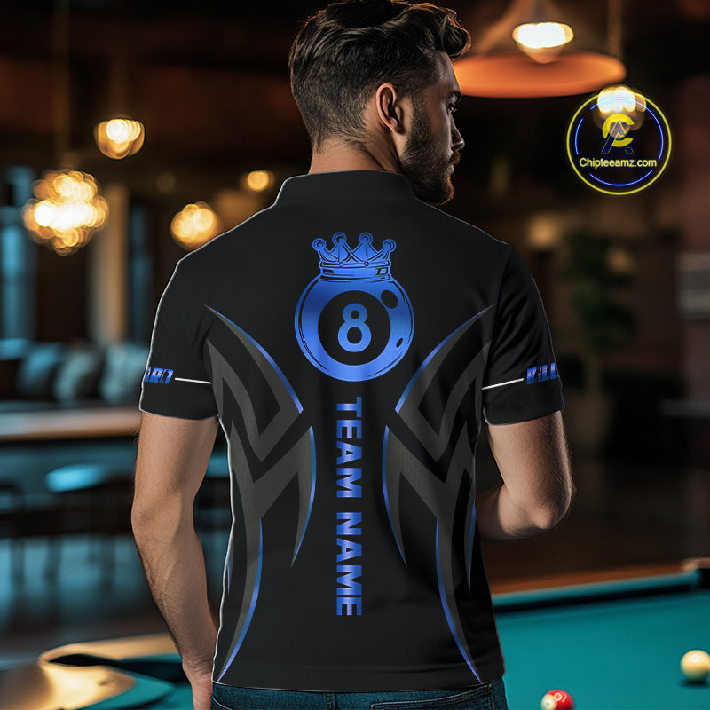 Custom Blue 8 Ball Pool Crown Billiard Shirts, Billiard Team Jersey Polo & 1/4 Zip