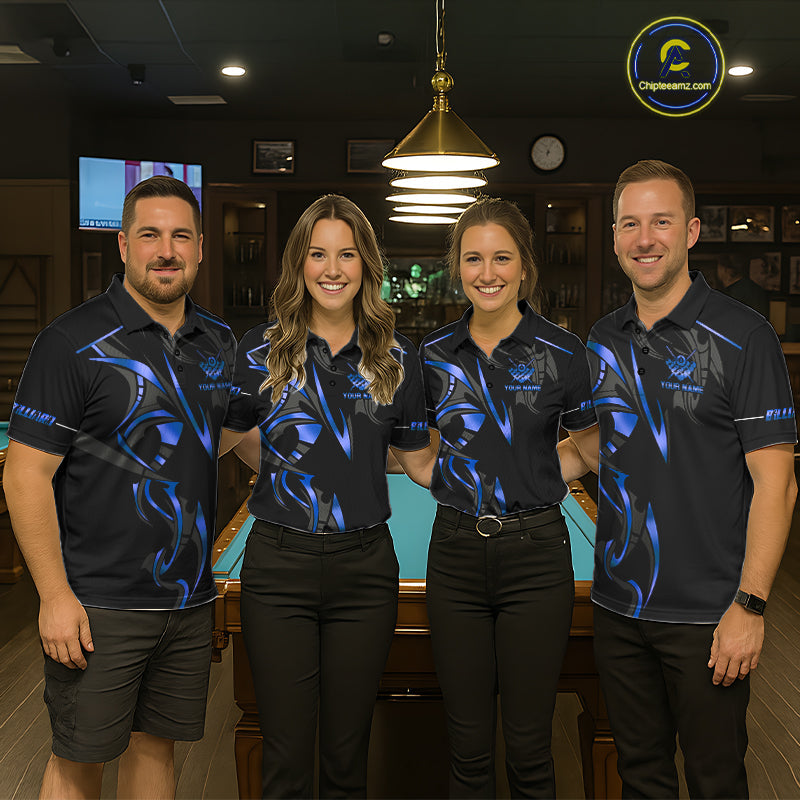 Custom Blue 8 Ball Pool Crown Billiard Shirts, Billiard Team Jersey Polo & 1/4 Zip