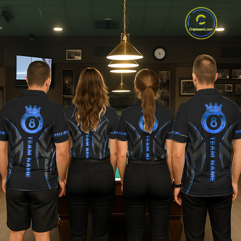Custom Blue 8 Ball Pool Crown Billiard Shirts, Billiard Team Jersey Polo & 1/4 Zip
