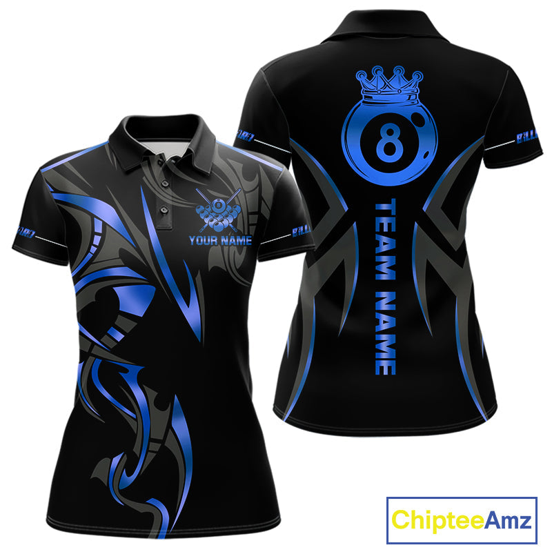 Custom Blue 8 Ball Pool Crown Billiard Shirts, Billiard Team Jersey Polo & 1/4 Zip