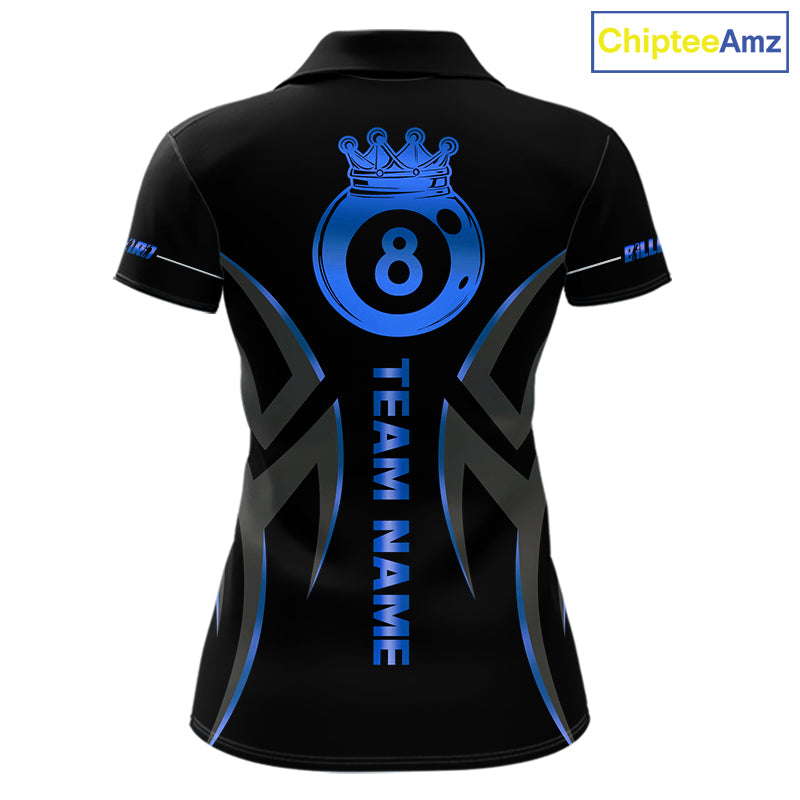 Custom Blue 8 Ball Pool Crown Billiard Shirts, Billiard Team Jersey Polo & 1/4 Zip