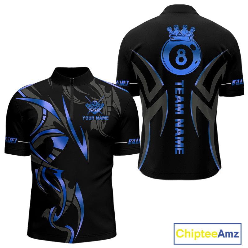 Custom Blue 8 Ball Pool Crown Billiard Shirts, Billiard Team Jersey Polo & 1/4 Zip