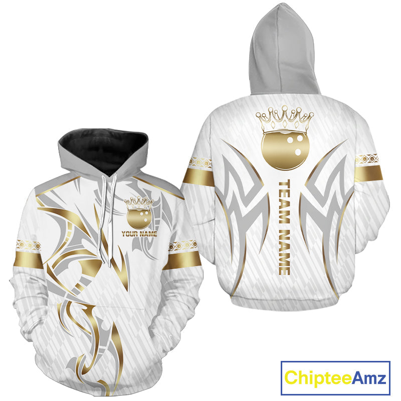 Custom White And Gold Bowling Ball Crown Bowling Hoodie Shirt And, Bowling Team Jersey