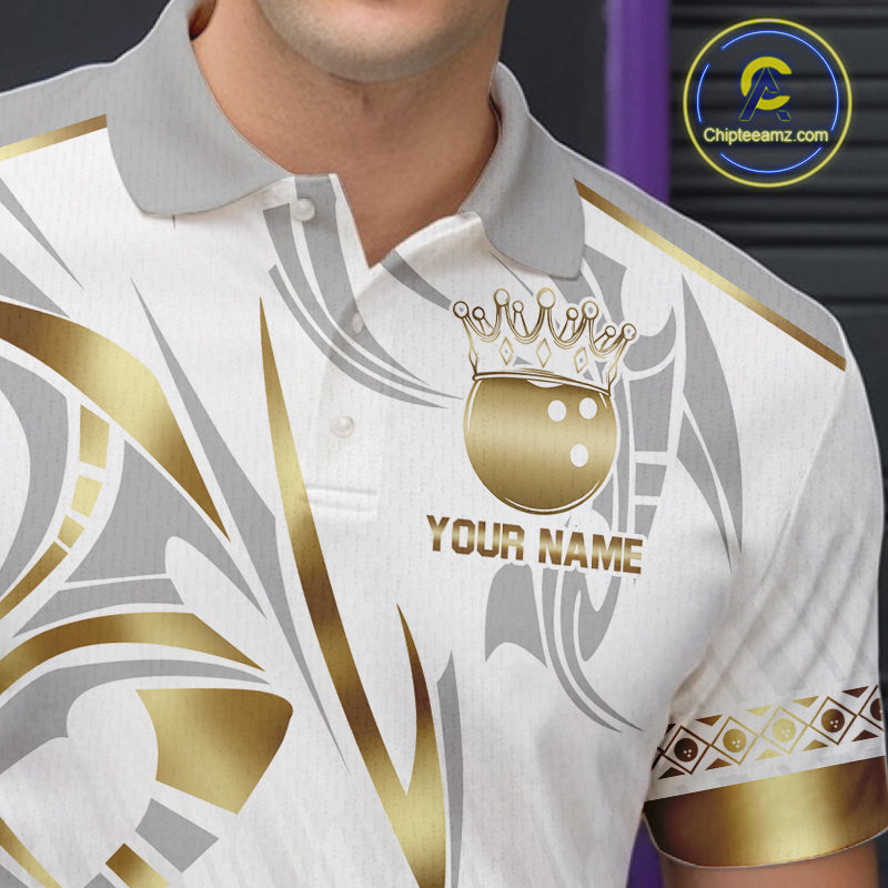 Custom Gold Bowling Ball Crown Bowling Shirt, Bowling Team Jersey Polo & 1/4 Zip