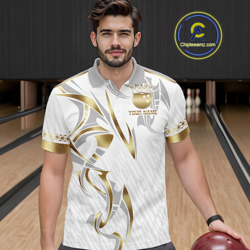 Custom Gold Bowling Ball Crown Bowling Shirt, Bowling Team Jersey Polo & 1/4 Zip