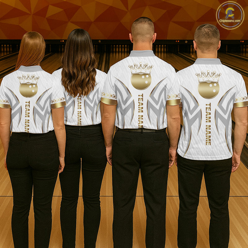 Custom Gold Bowling Ball Crown Bowling Shirt, Bowling Team Jersey Polo & 1/4 Zip