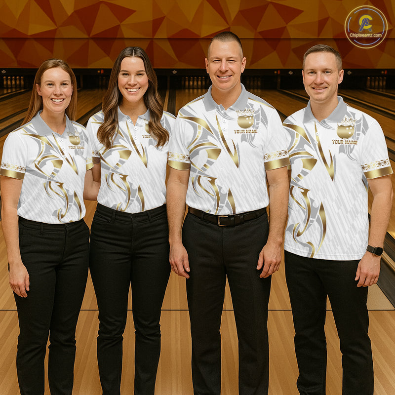 Custom Gold Bowling Ball Crown Bowling Shirt, Bowling Team Jersey Polo & 1/4 Zip