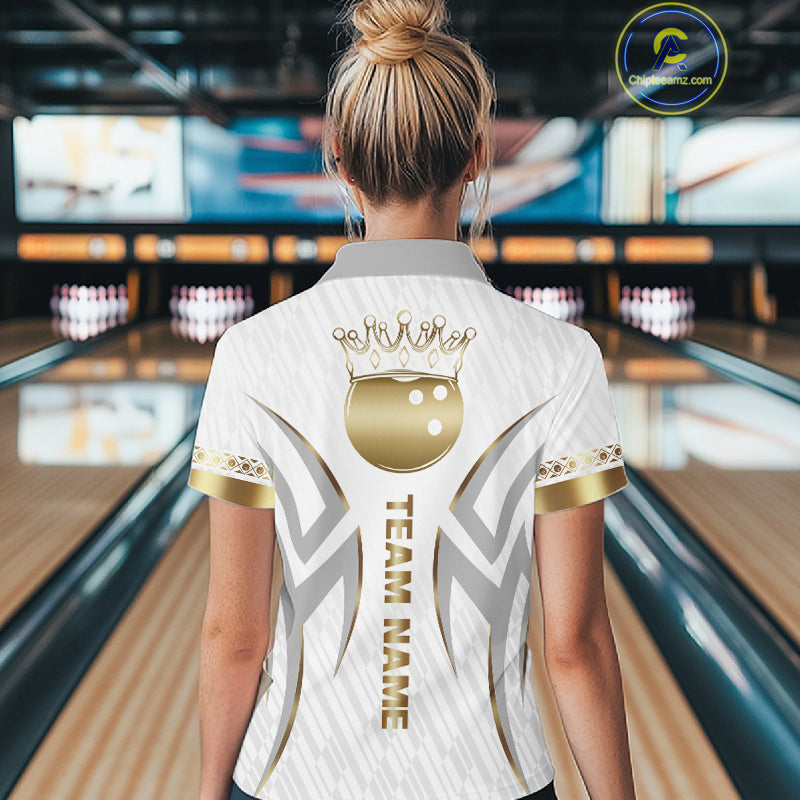 Custom Gold Bowling Ball Crown Bowling Shirt, Bowling Team Jersey Polo & 1/4 Zip