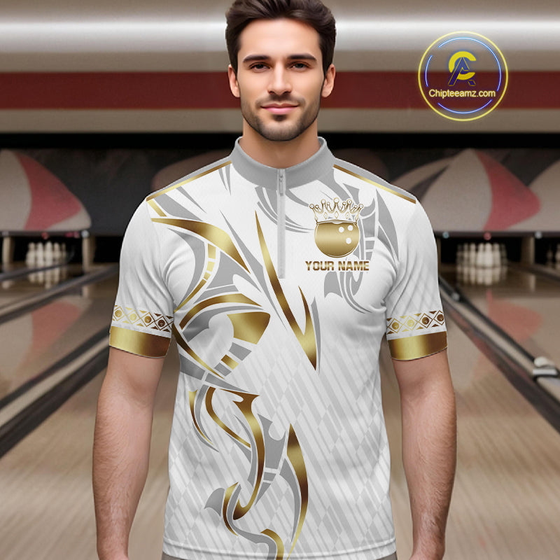Custom Gold Bowling Ball Crown Bowling Shirt, Bowling Team Jersey Polo & 1/4 Zip