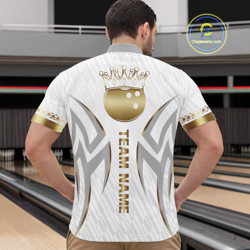 Custom Gold Bowling Ball Crown Bowling Shirt, Bowling Team Jersey Polo & 1/4 Zip
