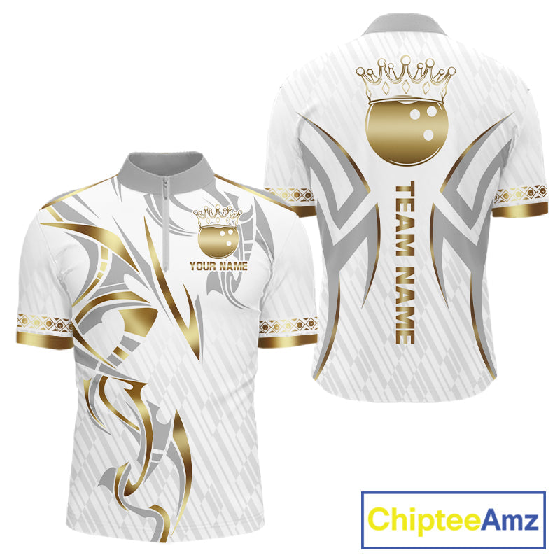 Custom Gold Bowling Ball Crown Bowling Shirt, Bowling Team Jersey Polo & 1/4 Zip