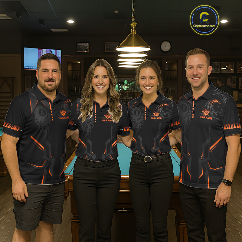 Custom 8 Ball Pool Crown 's Billiard Shirts Orange And Black Billiard Team Shirt Pool Jersey