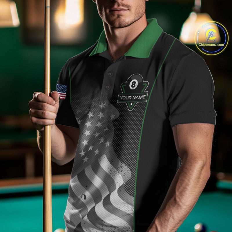 Custom Black Green Grunge American Flag 8 Ball Pool Shirts Patriotic Billiard Team Jersey