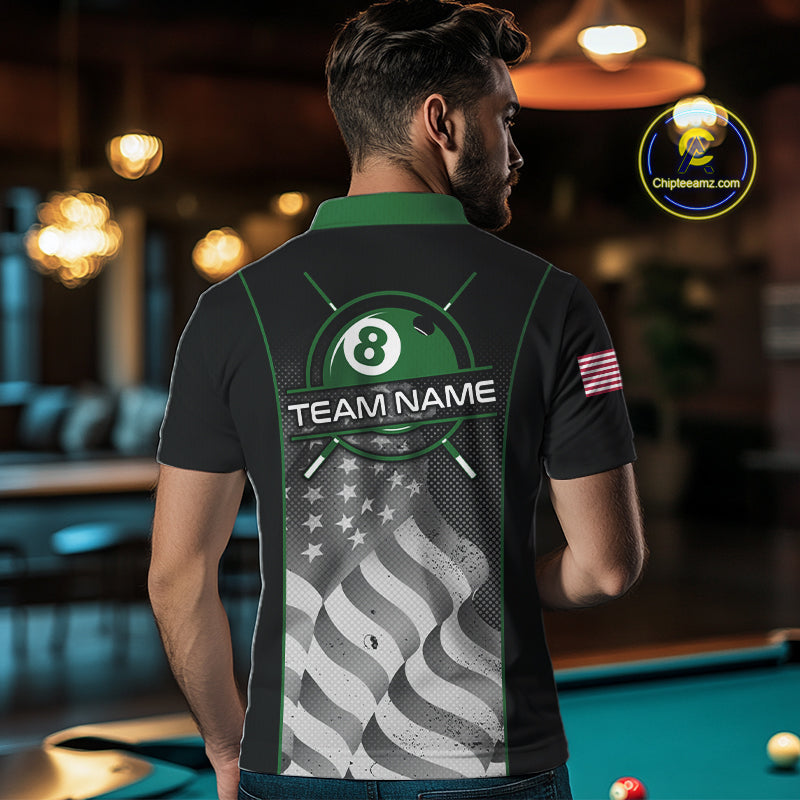Custom Black Green Grunge American Flag 8 Ball Pool Shirts Patriotic Billiard Team Jersey