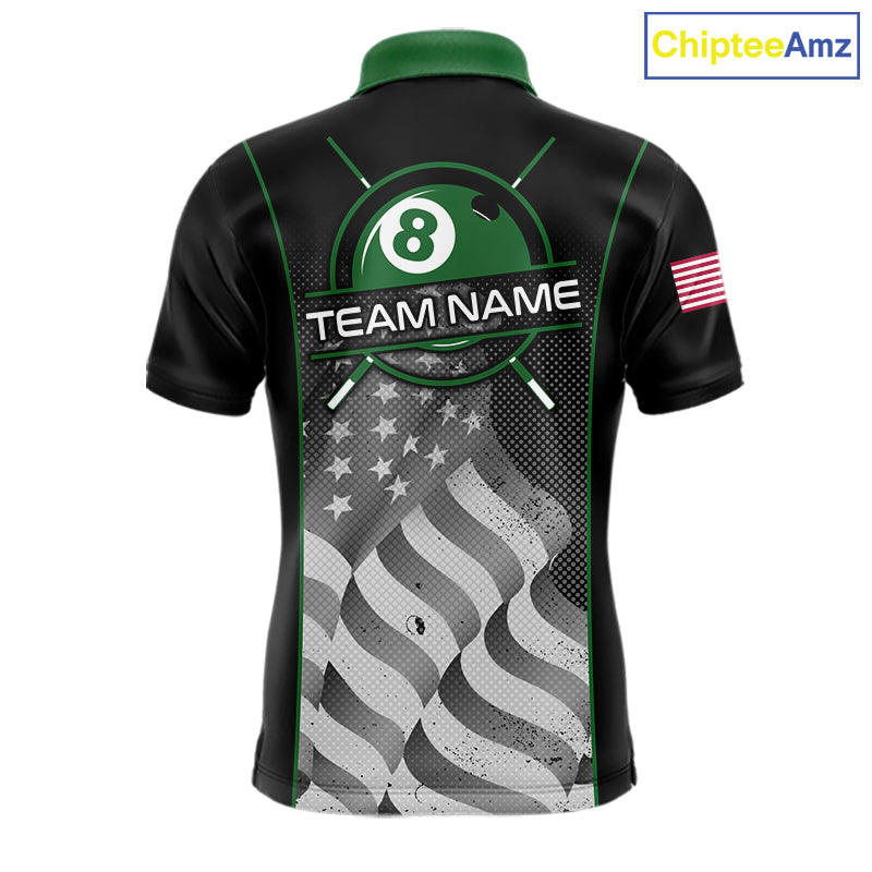 Custom Black Green Grunge American Flag 8 Ball Pool Shirts Patriotic Billiard Team Jersey