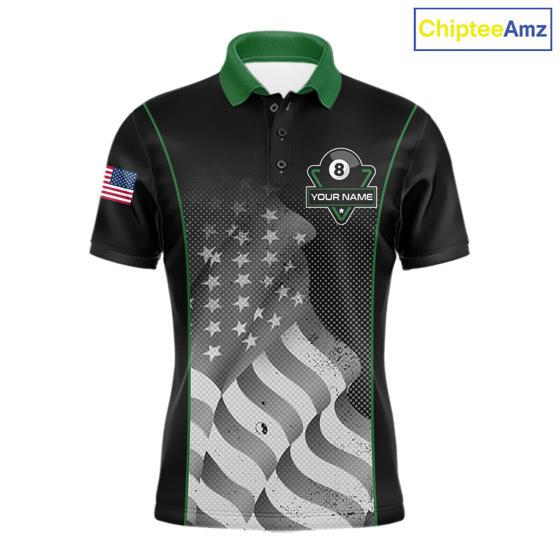 Custom Black Green Grunge American Flag 8 Ball Pool Shirts Patriotic Billiard Team Jersey