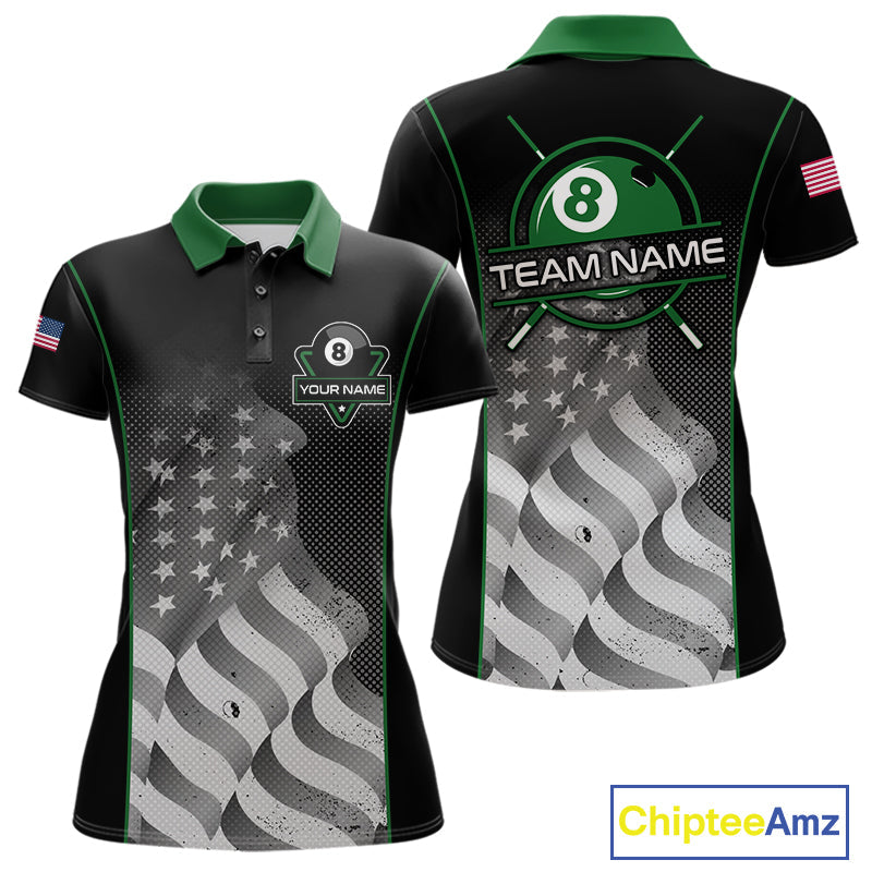 Custom Black Green Grunge American Flag 8 Ball Pool Shirts Patriotic Billiard Team Jersey