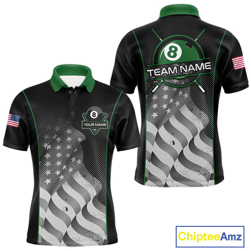 Custom Black Green Grunge American Flag 8 Ball Pool Shirts Patriotic Billiard Team Jersey